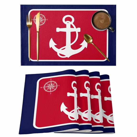 Anchor Placemats Set of 8 Compass Nautical Navy Blue Red Heat Insulation Washable Place Mats, Rustic Non-Slip Table Mats for Dining Table Party Kitchen Decor,13x19 Inch