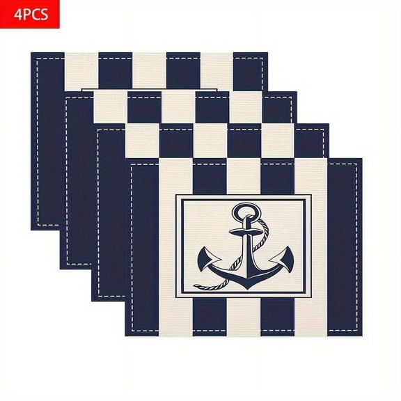 Anchor Placemats Set of 4, 18x12 Inch Retro Abstract Nautical Navy Blue White Table Mats for Home Party Kitchen Dining Decor