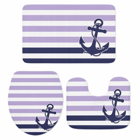 Anchor Purple Bath Mat 3 Piece Bathroom Rug Set, Modern Navy Blue White Striped Nautical Non Slip Bath Rug Contour Mat and Toilet Lid Cover, Absorbent Shower Mats Soft Bath Rugs and Mats Sets