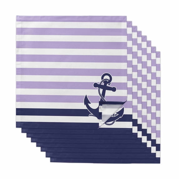 Anchor Purple Cloth Napkins, Modern Navy Blue White Striped Nautical Washable and Reusable Dinner Napkins Set of 8, Table Napkin for Kitchen Party Birthday Wedding Hotel Housewarming 20"x20"