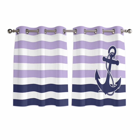 Anchor Purple Kitchen Curtains Short 54 Inch Length, Modern Navy Blue White Striped Nautical Grommet Top Bedroom Living Room Curtains, Light Filtering Cafe Curtain Drapes 2 Panels Set 84''x54''
