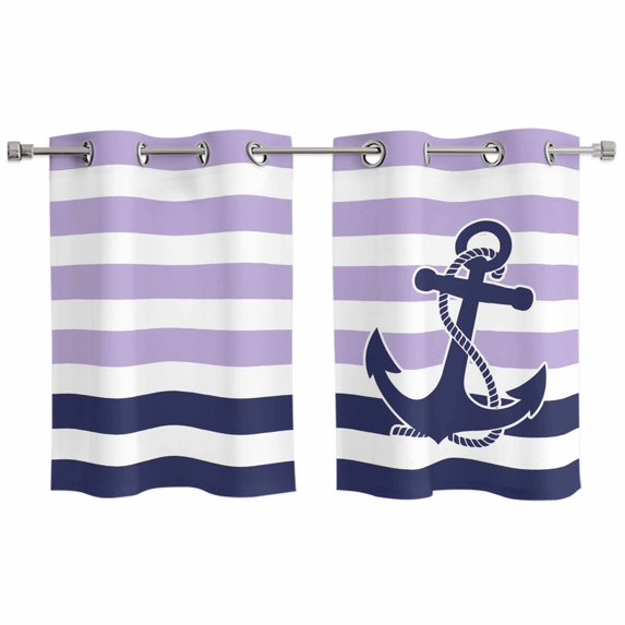 Anchor Purple Kitchen Curtains Small Short 39 Inch Length, Modern Navy Blue White Striped Nautical Grommet Top Bedroom Living Room Curtains, Light Filtering Cafe Curtain Drapes 2 Panels Set 55''x39''