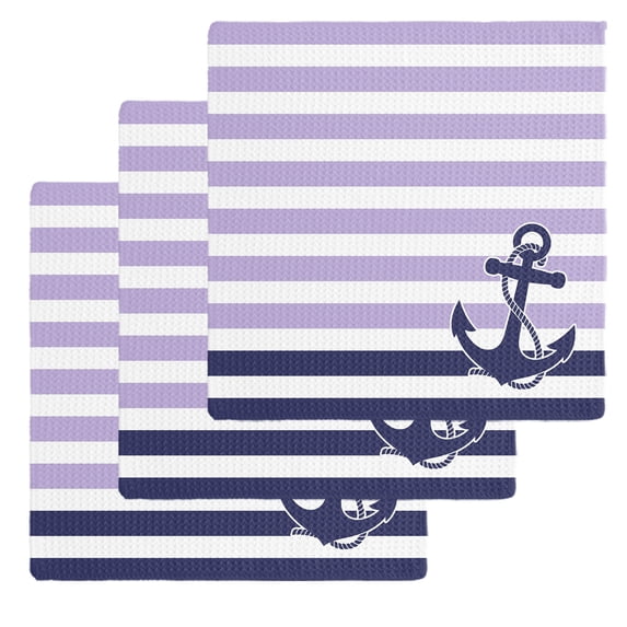 Anchor Purple Kitchen Dish Towels for Drying Dishes Set of 3, Modern Navy Blue White Striped Nautical Waffle Weave Microfiber Hand Tea Bathroom Towels Quick Dry & Absorbent Towel 12x12