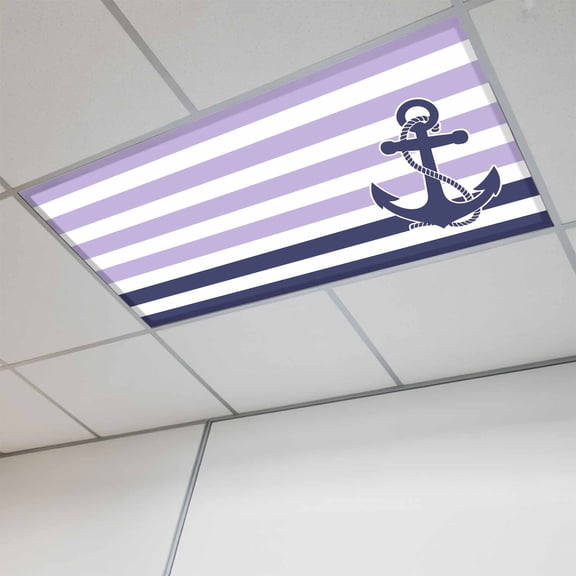 Anchor Purple Magnetic Fluorescent Light Covers for Ceiling Lights 2x4Ft, Modern Navy Blue White Striped Nautical Office Classroom Kitchen Drop Ceiling Light Covers Lighting Filters Shade Panel 1Pack