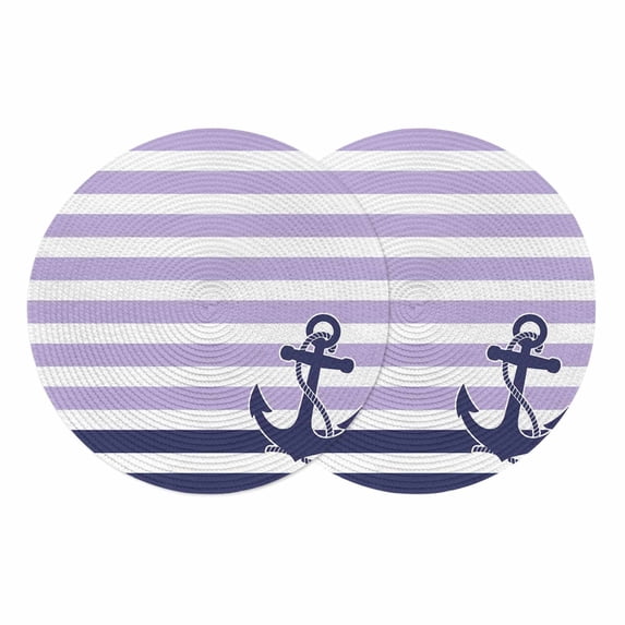 Anchor Purple Round 13 Inch Placemats Set of 2, Modern Navy Blue White Striped Nautical HeatResistant Non Slip Place Mats for Dining Table, Wipeable Braided Kitchen Table Mats for Housewarming