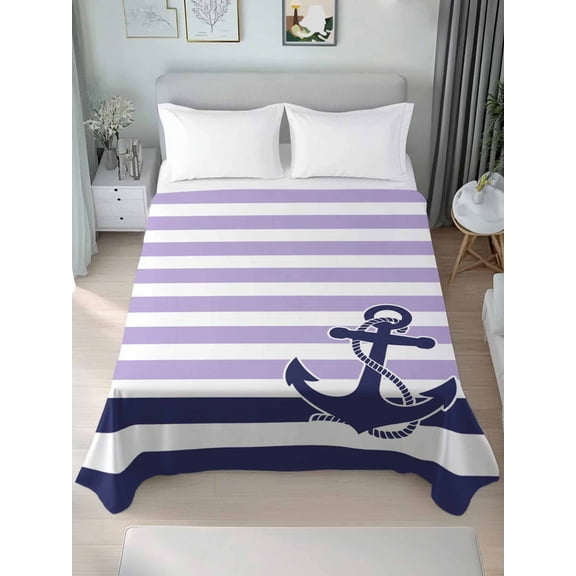 Anchor Purple Twim Size Flat Sheet, Wrinkleproof & Fadeproof Cooling Flat Bed Sheet Only, Modern Navy Blue White Striped Nautical Breathable Soft Bedding Top Sheets 66 x 96 Inches