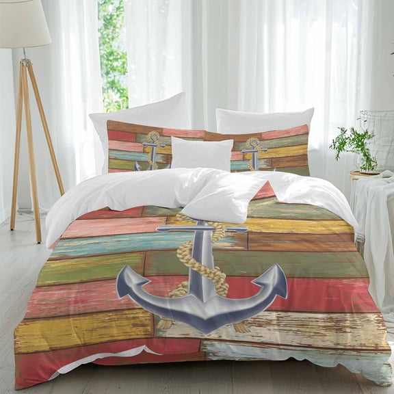 Anchor Queen Size Comforter Set, Rope Vintage Brown Green Wood Board Nautical Bedding for All Seasons, 4 Pcs Bed Set, 1Quiltcover (90"x92") ,1Sheet(94"x116"), 2Pillowcases (30"x20")