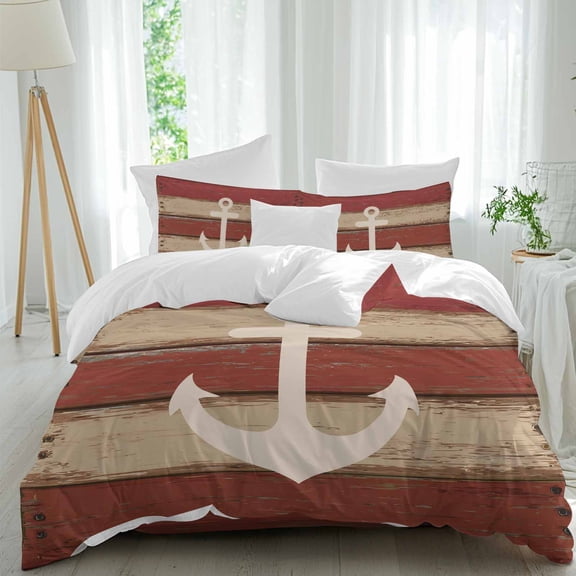 Anchor Queen Size Comforter Set, Vintage Brown Red Wood Board Nautical Bedding for All Seasons, 4 Pcs Bed Set, 1Quiltcover (90"x92") ,1Sheet(94"x116"), 2Pillowcases (30"x20")