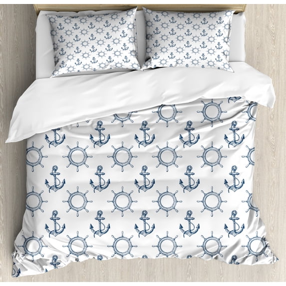 Anchor Queen Size Duvet Cover Set, Hand Drawn Steering Wheels and Anchors with Ropes Maritime Illustration, Decorative 3 Piece Bedding Set with 2 Pillow Shams, Navy Blue and White, by Ambesonne