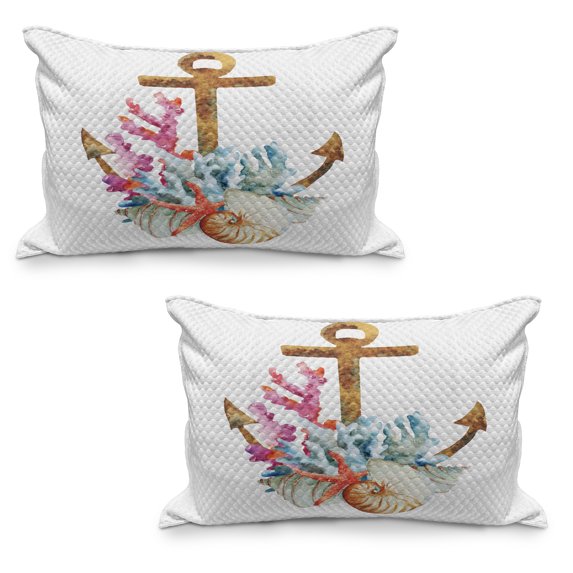 Anchor Quilted Pillowcover Set of 2, Corals Seaweed Nature Deep Sea Underwater Life Diving Enjoyment Marine Print, Standard Queen Size Pillow Cover Bedroom, 36" x 20", Caramel Multicolor, by Ambesonne