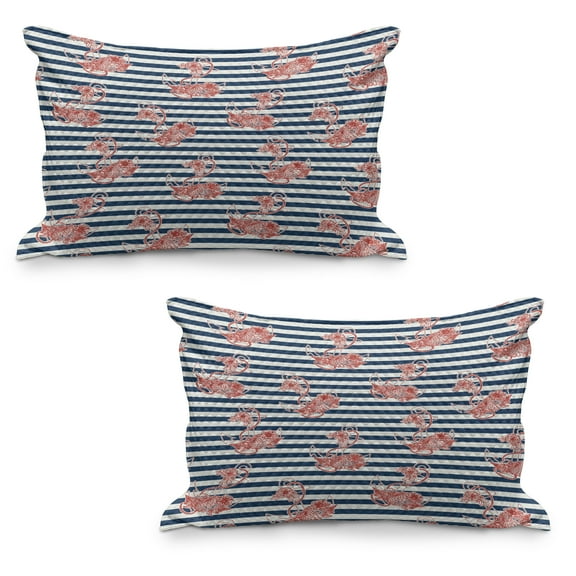 Anchor Quilted Pillowcover Set of 2, Floral Anchor on Striped Surface Crescent Moon Modern Theme Art, Standard Queen Size Pillow Cover for Bedroom, 36" x 20", White Blue and Red, by Ambesonne