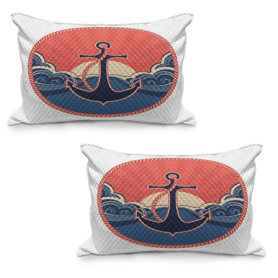 Anchor Quilted Pillowcover Set of 2, Navy Emblem with and Sea Waves at Sunset Anchor Retro Aquatic Life, Standard Queen Size Pillow Cover for Bedroom, 36" x 20", Red Blue Yellow, by Ambesonne