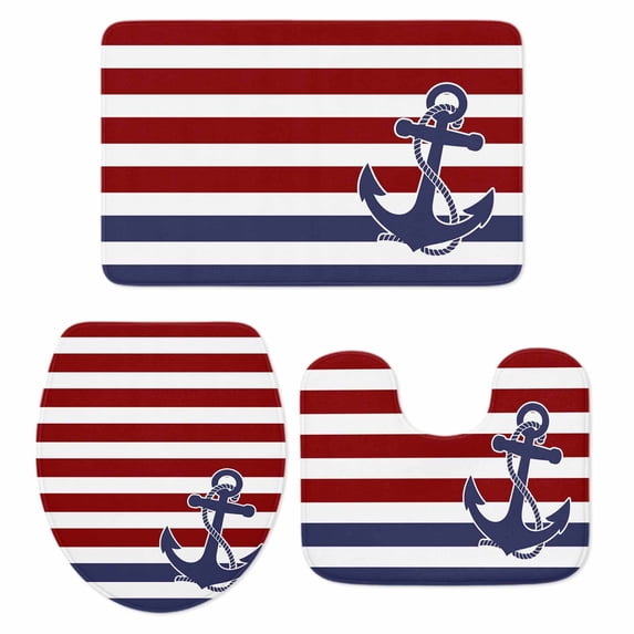 Anchor Red Bath Mat 3 Piece Bathroom Rug Set, Modern Navy Blue White Striped Nautical Non Slip Bath Rug Contour Mat and Toilet Lid Cover, Absorbent Shower Mats Soft Bath Rugs and Mats Sets