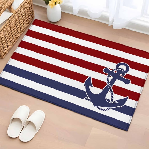 Anchor Red Bathroom Rug Washable 2x3 Entryway Rug Non Slip Modern Navy Blue White Striped Nautical Front Door Mat Low Pile Indoor Doormat Throw Floor Carpet for Kitchen Bedroom Entrance