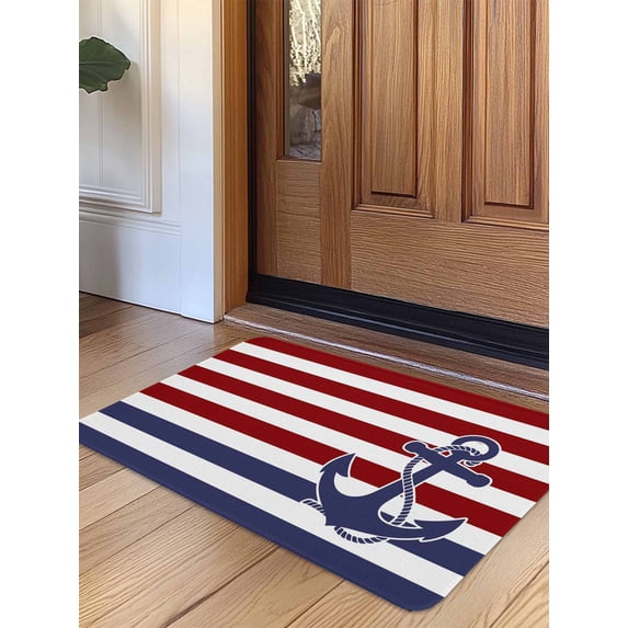 Anchor Red Door Mat Indoor Outdoor Entrance, Non Slip Small Rug for Kitchen Bathroom Entryway Rug, Modern Navy Blue White Striped Nautical Washable Doormat Floor Mat for Office 16x24 Inch
