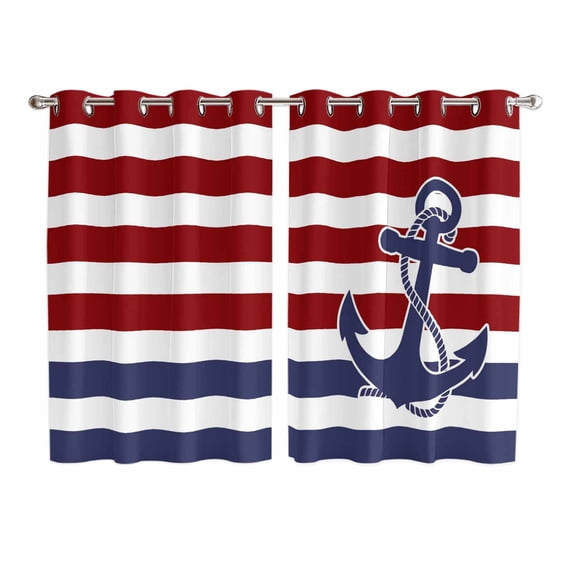 Anchor Red Kitchen Curtains 72 Inch Length, Modern Navy Blue White Striped Nautical Grommet Top Bedroom Living Room Curtains, Light Filtering Cafe Curtain Drapes 2 Panels Set 104''x72''