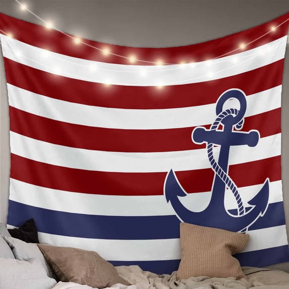 Anchor Red Large Tapestry for Bedroom Wall Hanging Tapestry, Modern Navy Blue White Striped Nautical Ceiling Backdrop Tapestries Poster Blanket Wall Decor for Teens Room Living Room Dorm 85" x 90"