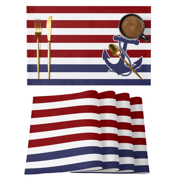 Anchor Red Placemats Set of 4, Cotton Linen Fabric Place Mats, Modern Navy Blue White Striped Nautical Washable Decorative Table Mats Protector for Home Kitchen Dining Wedding Party Coffee Tables