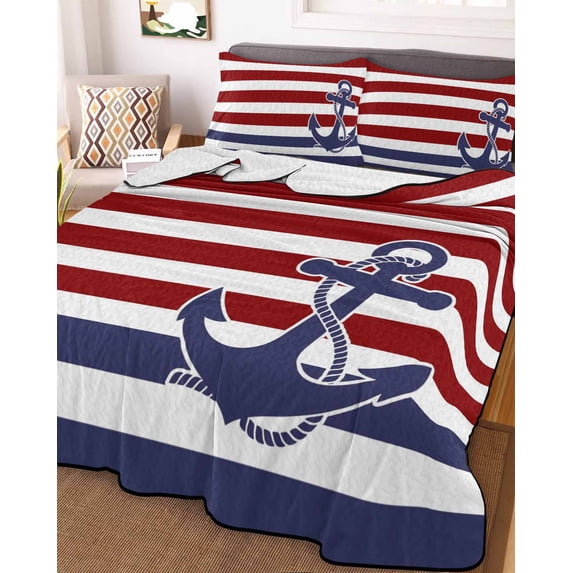 Anchor Red Queen Size Down Alternative Comforter, Lightweight Comforter Quilt Bedding Set with Pillow Shams Modern Navy Blue White Striped Nautical All Seasons Bed Comforter Duvet Insert 90"x96"