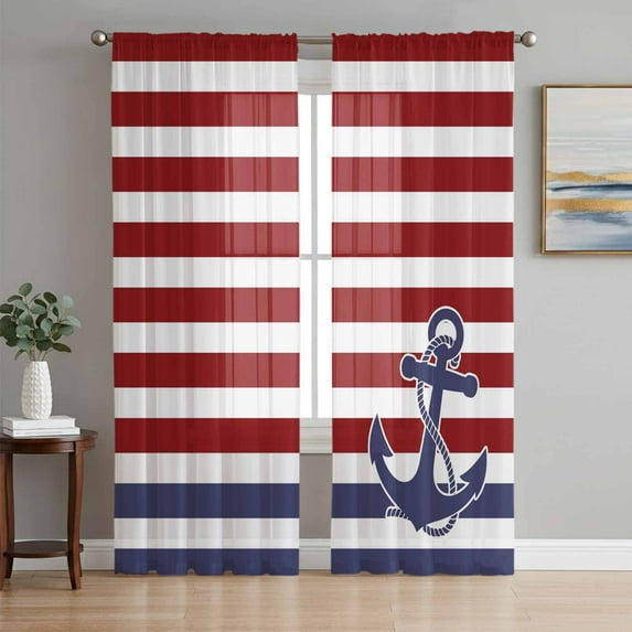 Anchor Red Semi Sheer Curtains 108 Inch Length 2 Panels Set, Modern Navy Blue White Striped Nautical Sheer Kitchen Curtain Privacy Voile Window Curtain for Living Room Bedroom Rod Pocket Drapes