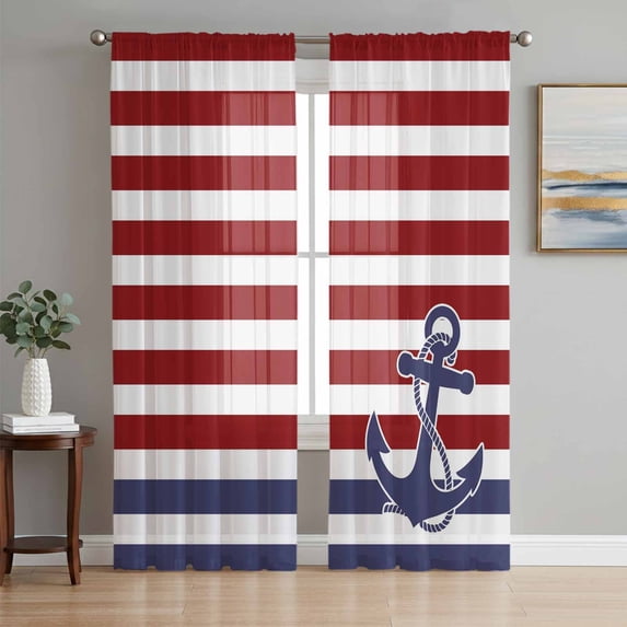 Anchor Red Semi Sheer Curtains 96 Inch Length 2 Panels Set, Modern Navy Blue White Striped Nautical Sheer Kitchen Curtain Privacy Voile Window Curtain for Living Room Bedroom Rod Pocket Drapes