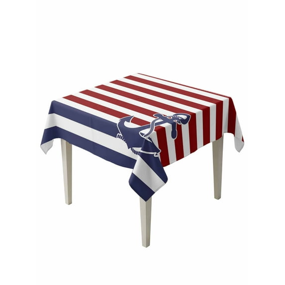 Anchor Red Table Cloth, Modern Navy Blue White Striped Nautical Waterproof Tablecloth for Square Tables, Reusable Washable Fabric Table Cover for Restaurant Kitchen Dining Tables 60"x60"