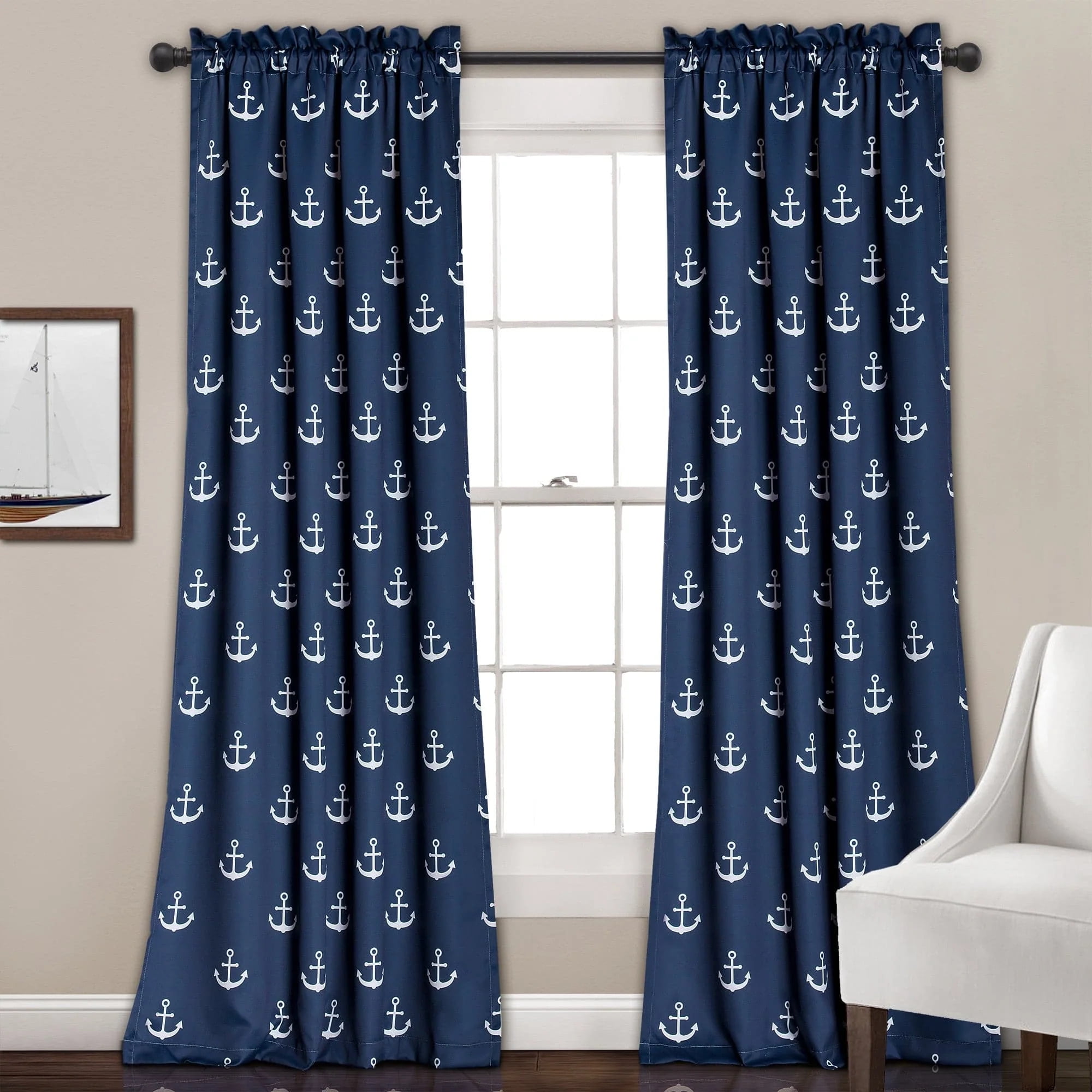 Navy Anchor Print Blackout Polyester Window Curtains