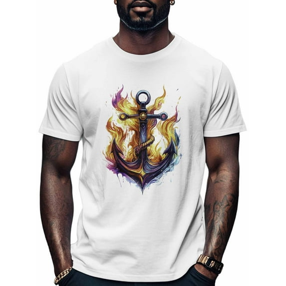 Anchor Rope Men's T Shirts Yellow Flame T-Shirt for Men Crew Neck Tees Cotton Tops, White, L