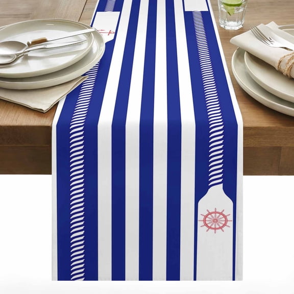 Anchor Rope Table Runner 13x36 inch and Steering Wheel Blue Cotton Linen Dining Table Runner Ideal for Dresser Kitchen Coffee Tables - Machine Washable
