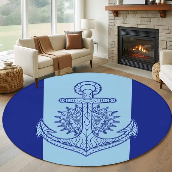 Anchor Round Living Room Rugs 6 ft, Summer Beach Washable Area Rug with Non-Slip Sturdy Edge Binding Round Carpet for Kitchen Office Bedroom