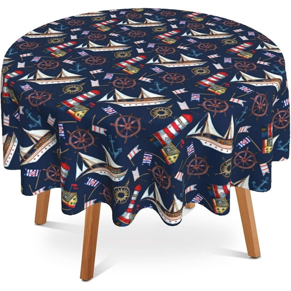 Anchor Round Tablecloth 60 Inch,Nautical Themes Table Cloth Autumn Holiday Polyester Table Cover Decorative for Indoor Outdoor Kitchen Dining Party
