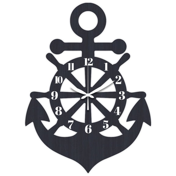 Anchor Rudder Pattern Wall Clock 16.3 Inch Dark Blue Wood Grain Non-Ticking Irregular Shape Clocks Wall Hanging Clock Battery Operated