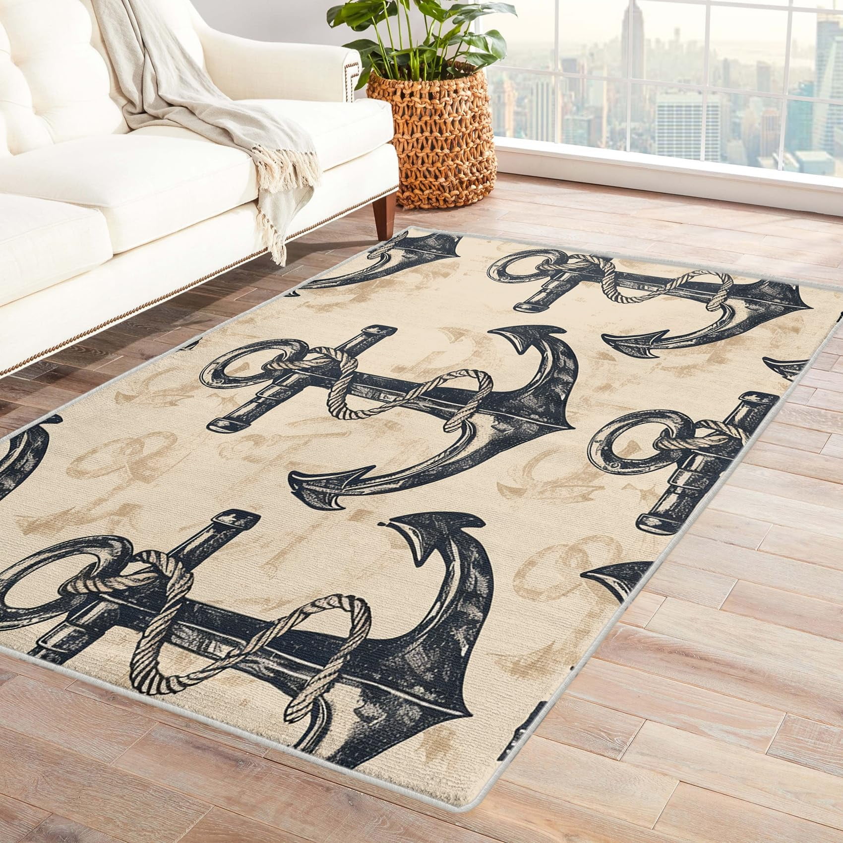 Anchor Rug For Living Room, Nautical Theme Area Rugs For Bedroom ...