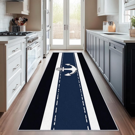Anchor Runner Rug 2x5 Small - Hallway Runner Rug Blue Black and White Striped Nautical Pattern, Non Slip, Washable, Anchor Home Decor Carpet for Kitchen, Entryway, Bedroom, Laundry Room D109