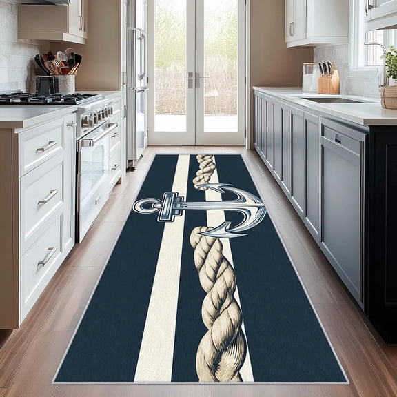 Anchor Runner Rug 3x6 - Hallway Runner Rug Ocean Nautical Striped White Navy Blue Pattern, Non Slip, Washable, Anchor Home Decor Carpet for Kitchen, Entryway, Bedroom, Laundry Room D27