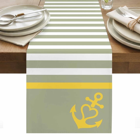 Anchor Sage Green Table Runner - 60 Inch Long, Kitchen Dining Table Runner Dresser Scarves, Yellow Nautical White Geometric Stripe Farmhouse Decor for Coffee Tables Wedding Party Banquet