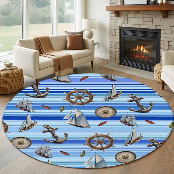 Anchor Sailboat 7' Round Rug for Living Room Conversation Area, Compass Rudder Blue Stripes Ocean Washable Non Slip Large Circle Area Rug