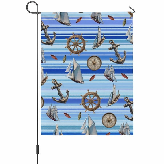Anchor Sailboat Garden Flag 12 x 18 Inches, Compass Rudder Blue Stripes Ocean Weather Proof Outdoor Patio Flags Double Sided Small Garden Decoration for Yard Outside Home