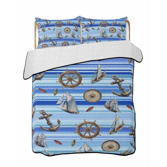 Anchor Sailboat Quilts Bedding Set Full Size Compass Rudder Blue Stripes Ocean Lightweight Quilted Bedspread 3 Piece Bed Quilt with 2 Pillow Shams All Season for Bedroom 68" x 98"
