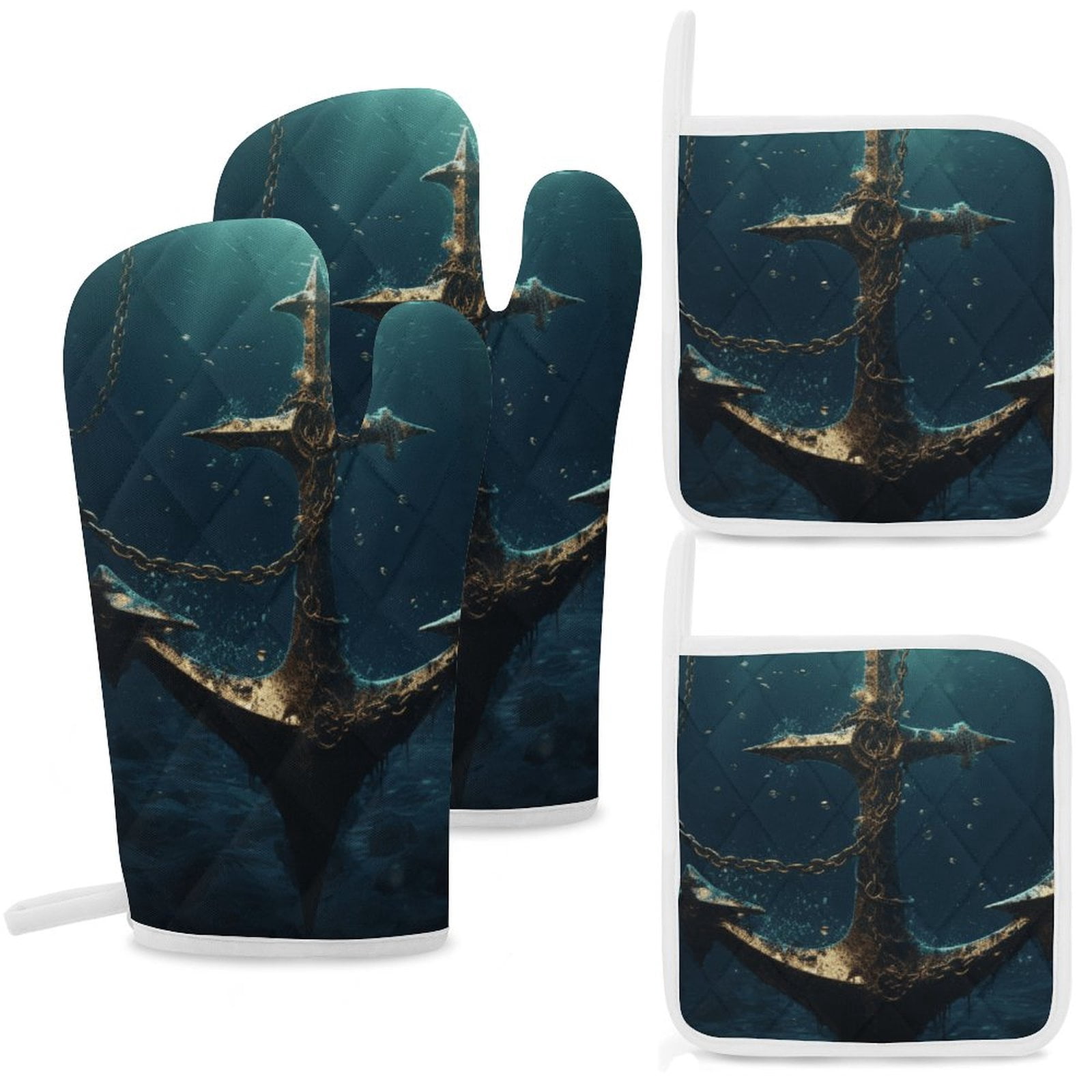 Anchor with Sailing Oven Mitts And Pot Holders Sets of 4 Oven Gloves Set Potholders for Kitchen Cooking Baking Grilling Anti Scald Hot Pads And Heat Resistant