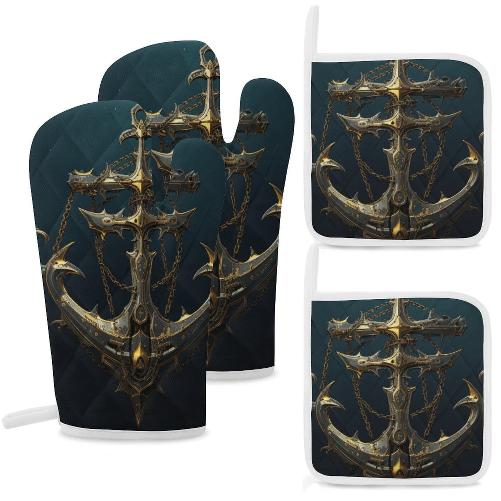 Anchor with Sailing Oven Mitts And Pot Holders Sets of 4 Oven Gloves Set Potholders for Kitchen Cooking Baking Grilling Anti Scald Hot Pads And Heat Resistant