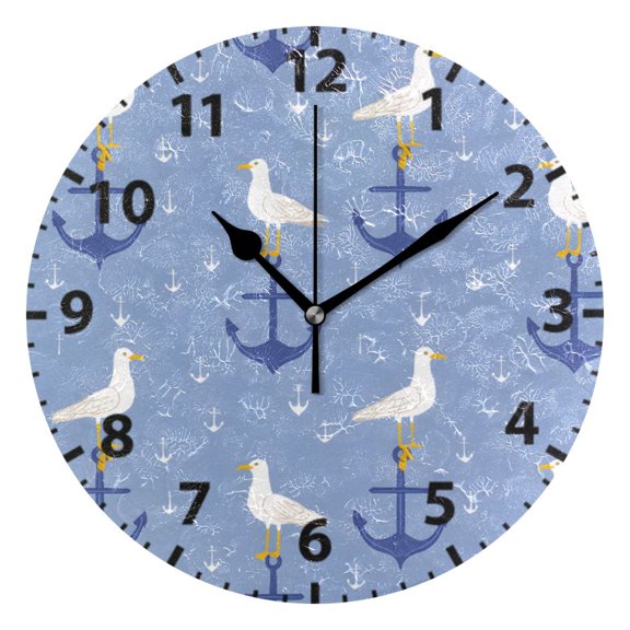 Anchor Seagull Pattern Wall Clock 10in Round Artistic Oil Painting Home Decor Desk Table Clock