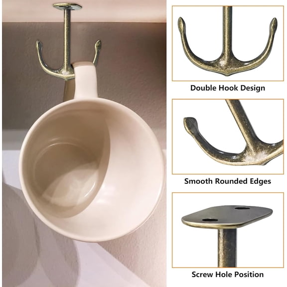 Anchor Shape Zinc Alloy Double Prong Ceiling Hooks, 4-Pack Under Shelf Coat Hooks Hanging Towel Robe Clothes Cap Bathroom Kitchen Cabinet Garage Use (Bronze)