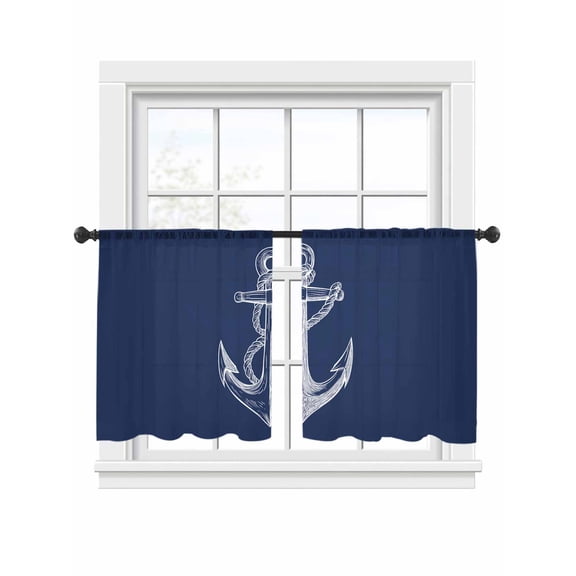 Anchor Sheer Curtains 54 Inch Long 2 Panels, Nautical Knot Navy Blue Light Filtering Rod Pocket Curtains, Sheer Voile Drapes for Living Room Bedroom, 52"x54"