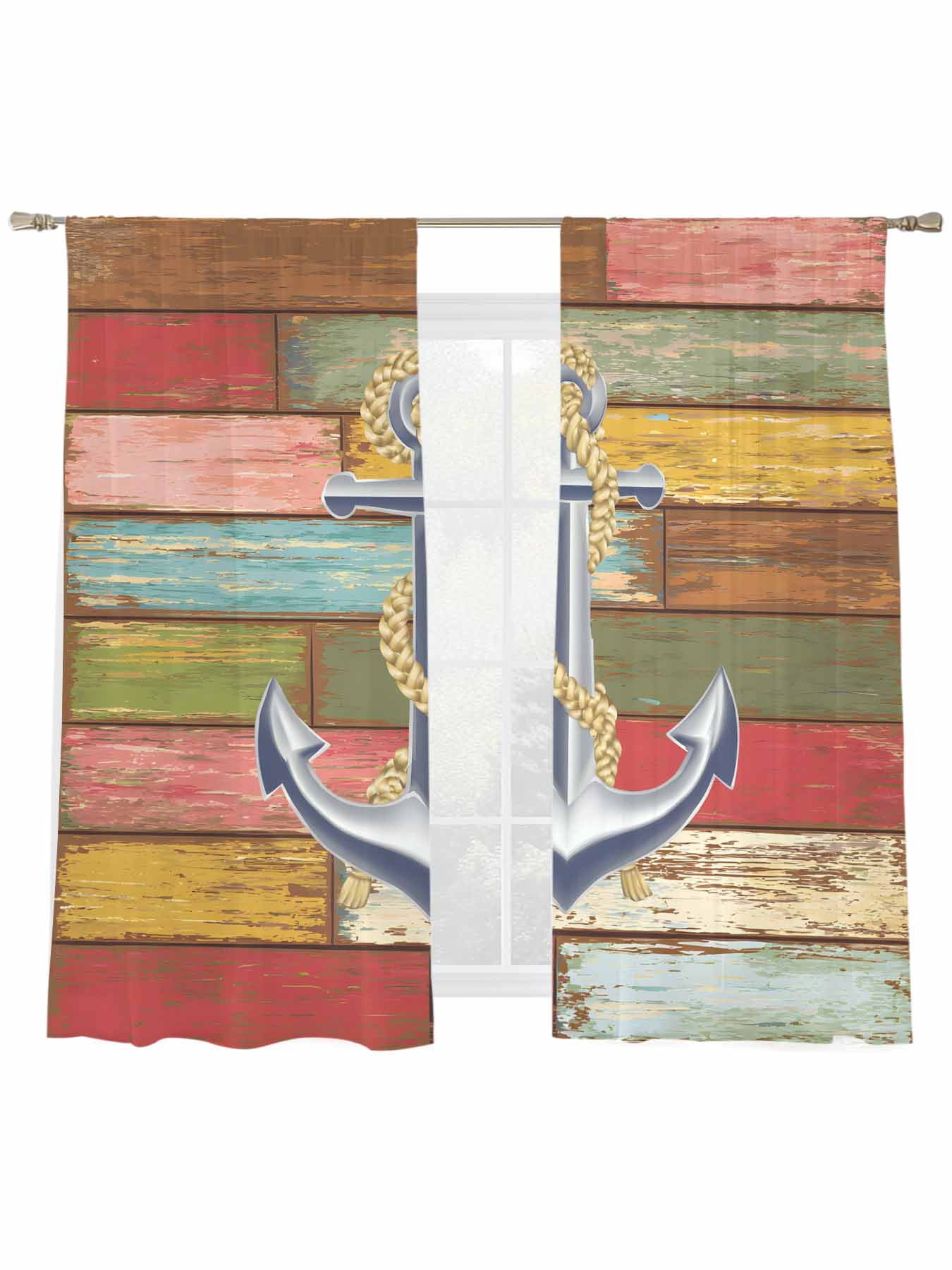 Anchor Sheer Curtains for Living Room Bedroom, Rope Vintage Brown Green ...