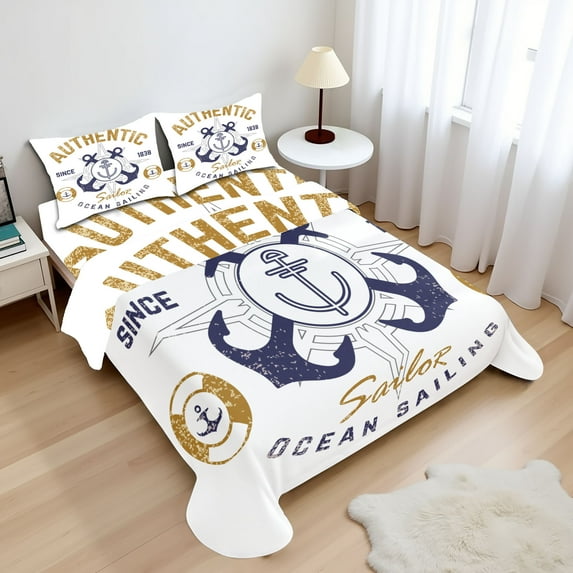 Ambesonne Nautical Fitted & Top Sheet Set with Shams, Lifeboy Rudder Captain, Pale Brown Blue White
