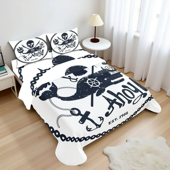 Ambesonne Vintage Fitted & Top Sheet Set with Shams, Nautical Pirate Skull, Dark Blue White