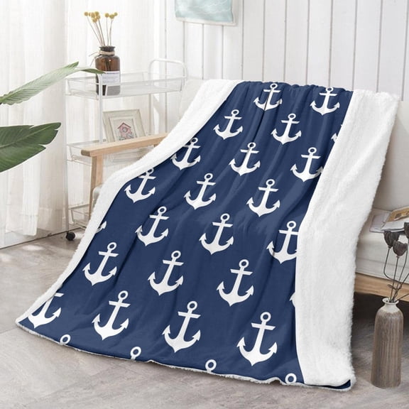 Anchor Sherpa Throw Blankets Blue Coastal Nautical Beach Themed Bed Blanket Cozy Home Decor Gift Blanket 50x60 Inch with 2 Pillow Covers
