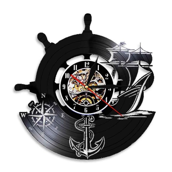 Anchor Ship Naval Compass Vintage Nautical Wall Decor Home Art Wall Clock Sailors Vinyl Record Wall Clock Handmade Sailing Gifts Without LED
