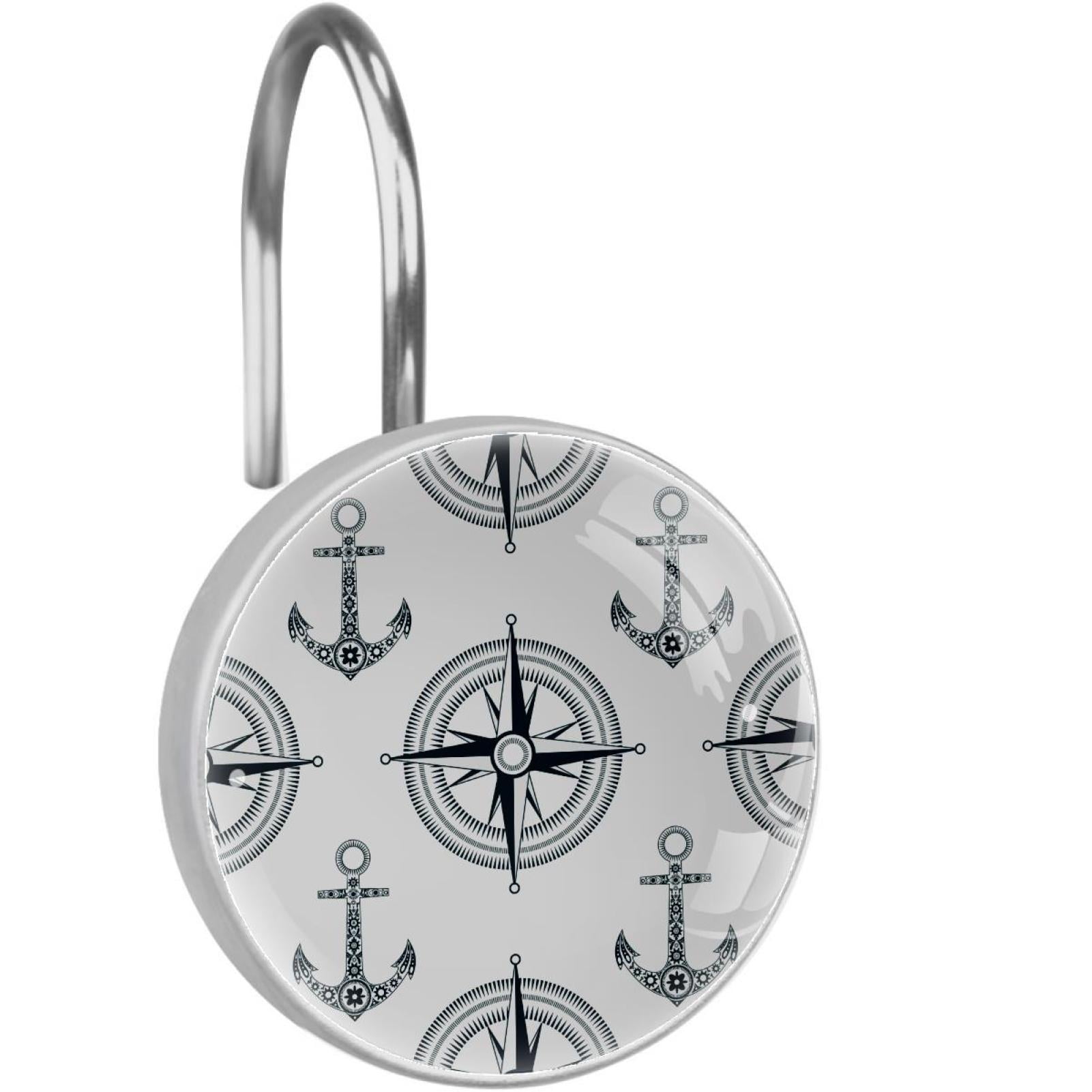 Anchor Shower Curtain Hooks（Set of 12）for Home Hotel Shower Rods Bathroom Crystal Glass Print Stainless Steel Round Curtain Hooks
